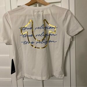 True Religion White Medium V Neck Gold Logo Baby Tee Tri Script NWT